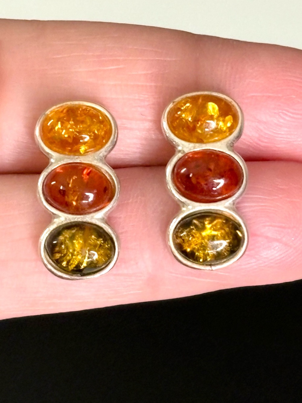 Vintage 925 Sterling Silver Poland Tri-Color Amber Modern Earrings